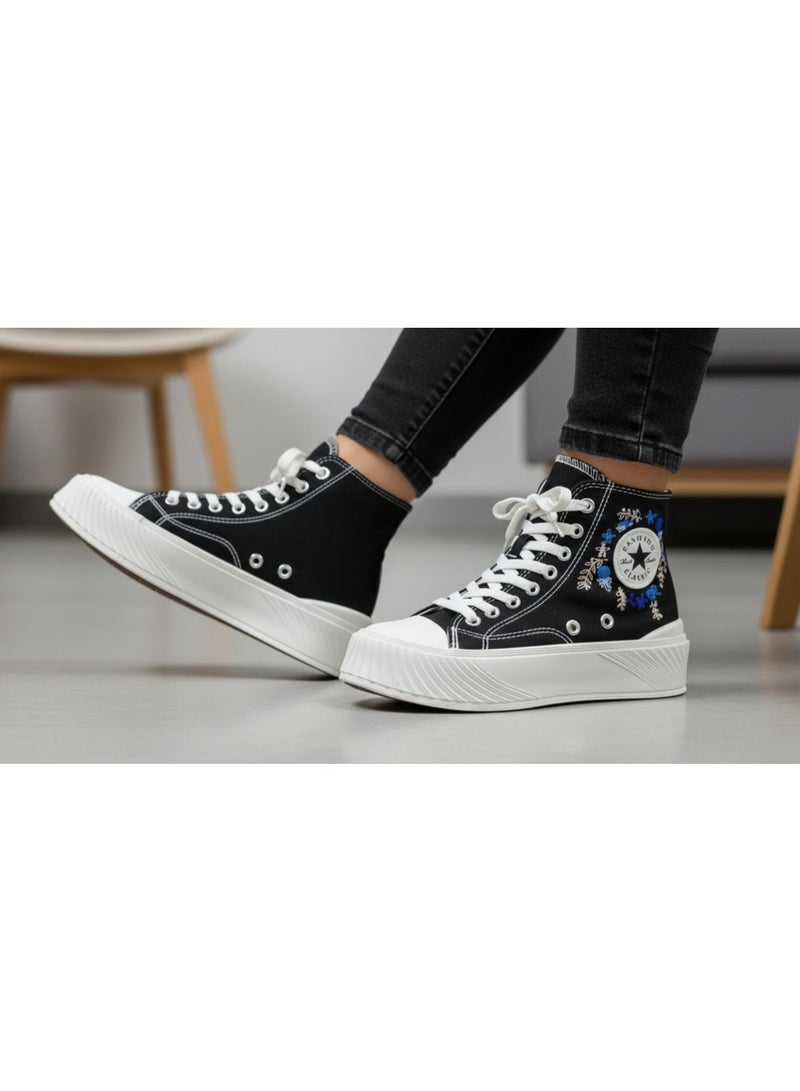 High-top canvas sneakers with a hand-embroidered design - Image 1